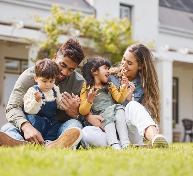 Happy family, parents and children for picnic, relax and games on grass or garden outdoor in summer.